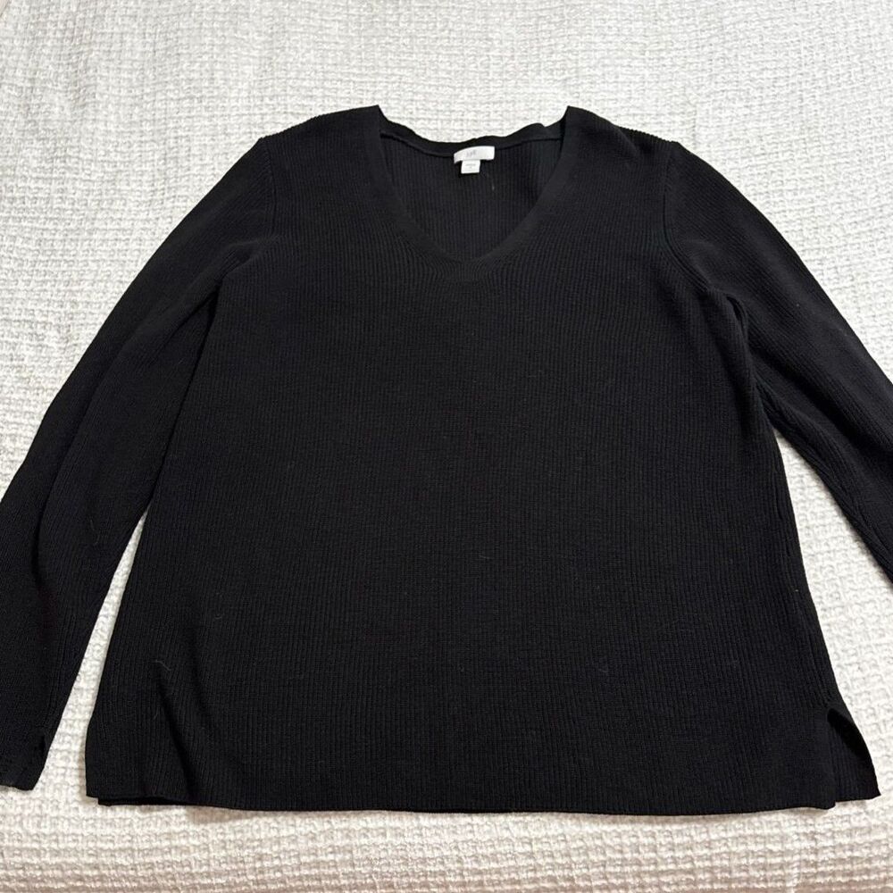 J Jill Ribbed Knit Top Womens M Black V Neck Long Sleeve Relaxed Minimalist